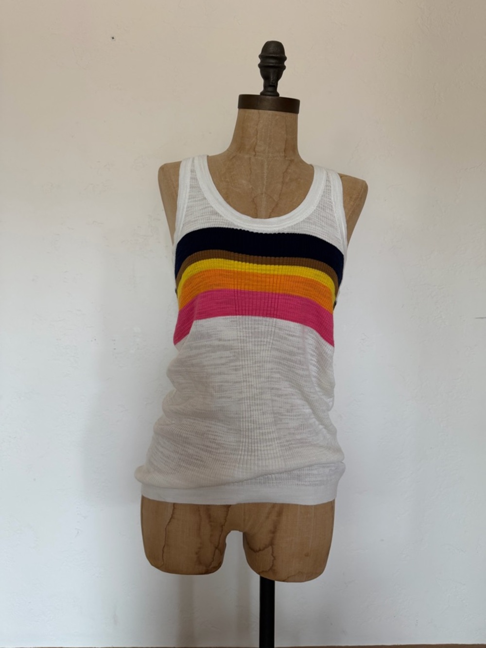 Trina Turk White Ribbed Tank with Navy, Yellow & Pink Stripes